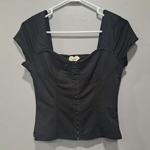 NWT Meraki Black Corset Short Sleeve Top Hook Eye Front Smocked Back MEDIUM READ